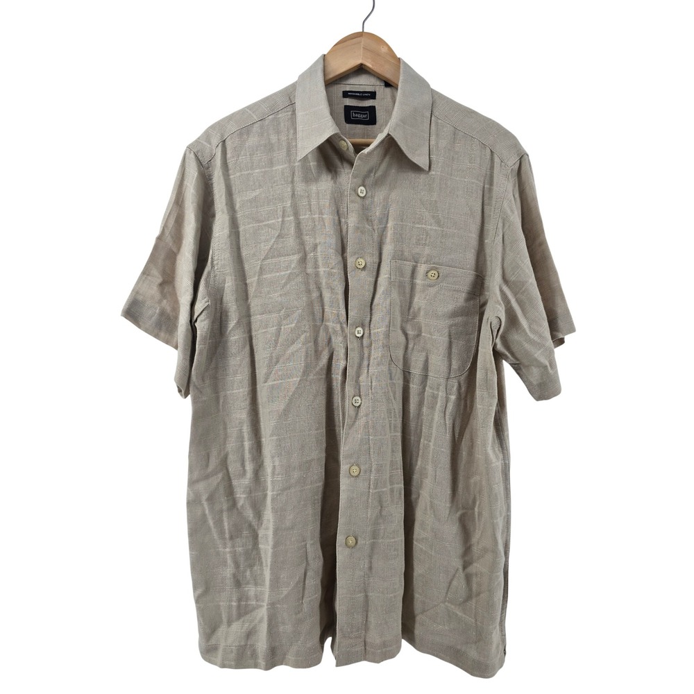 Haggar Button Front Shirt Men M Beige Washable Linen Blend Short Sleeve Textured